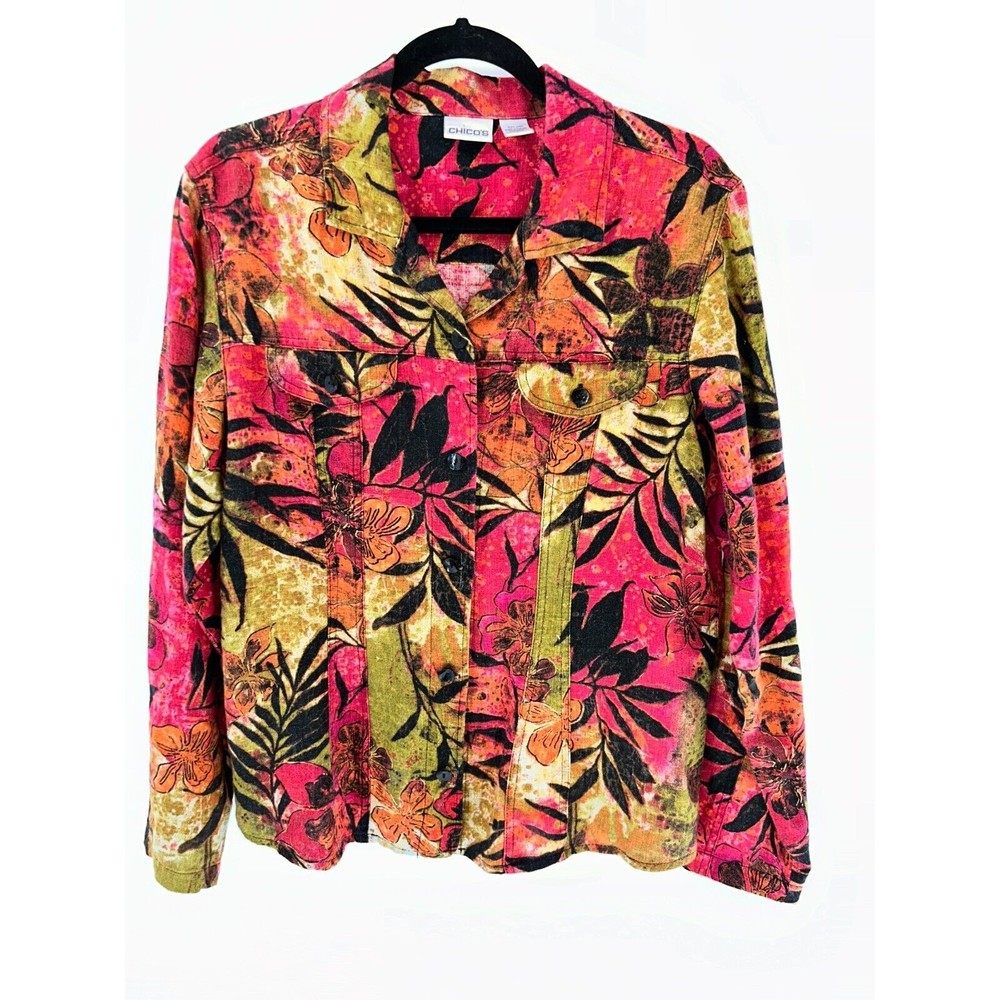Women's Vintage Chico's Linen Floral Long Sleeve Button Front Shirt Size 2 L